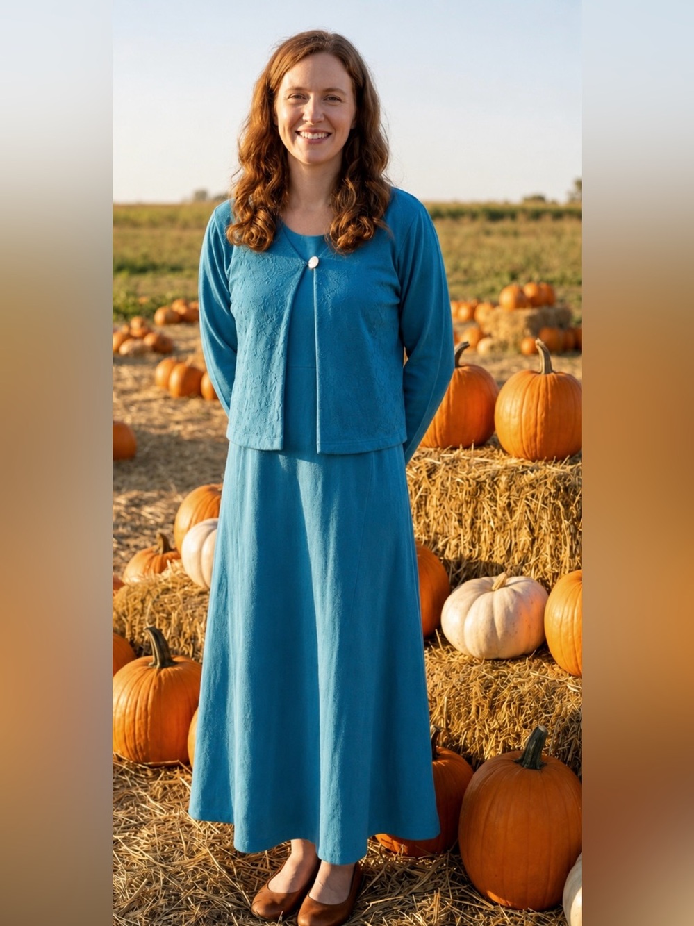 Vintage 90s Turquoise Cotton Maxi Dress & its Bolero • Embroidered • Early Fall